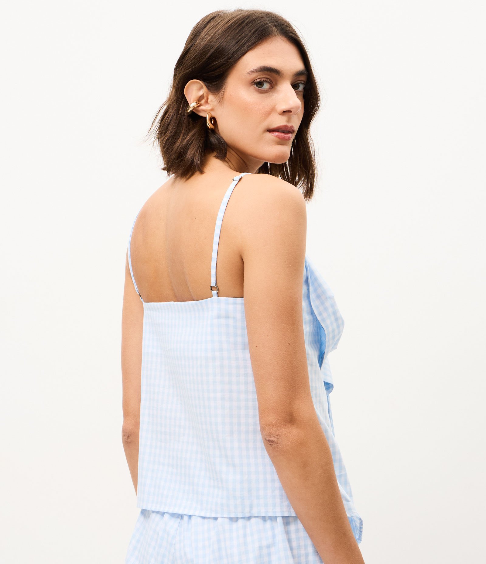 Blusa em Tricoline Xadrez com Laço na Frente Azul 4