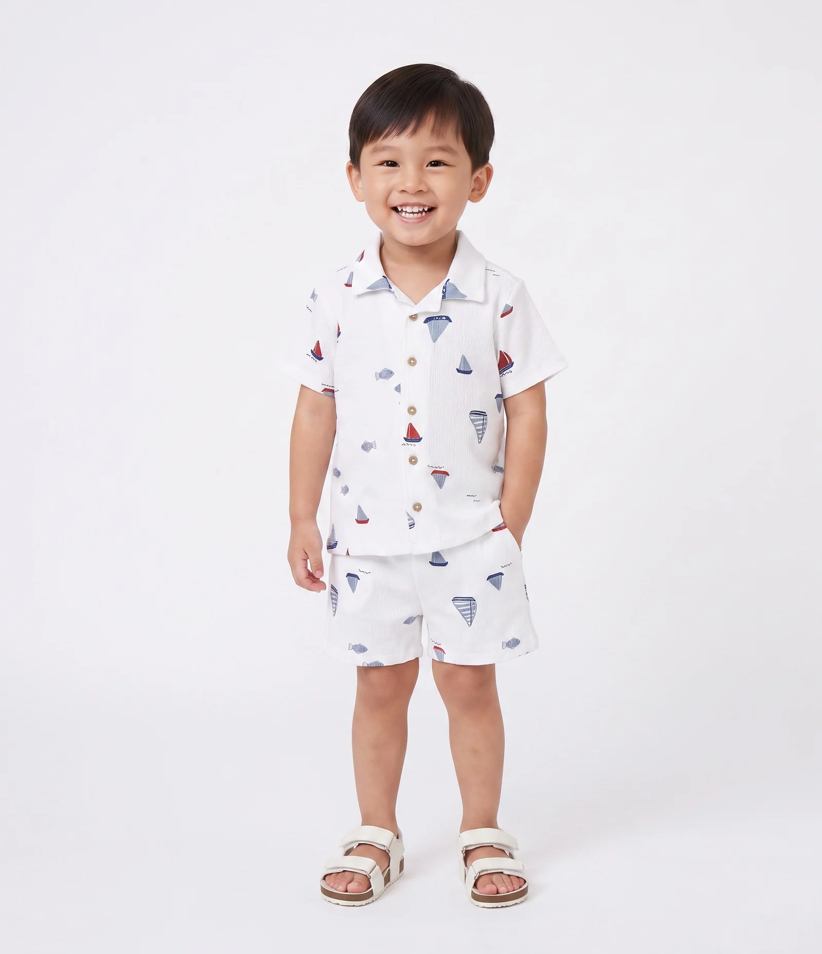 Conjunto Infantil em Algodão com Estampa de Barquinhos - Tam 1 a 6 Anos Branco 1