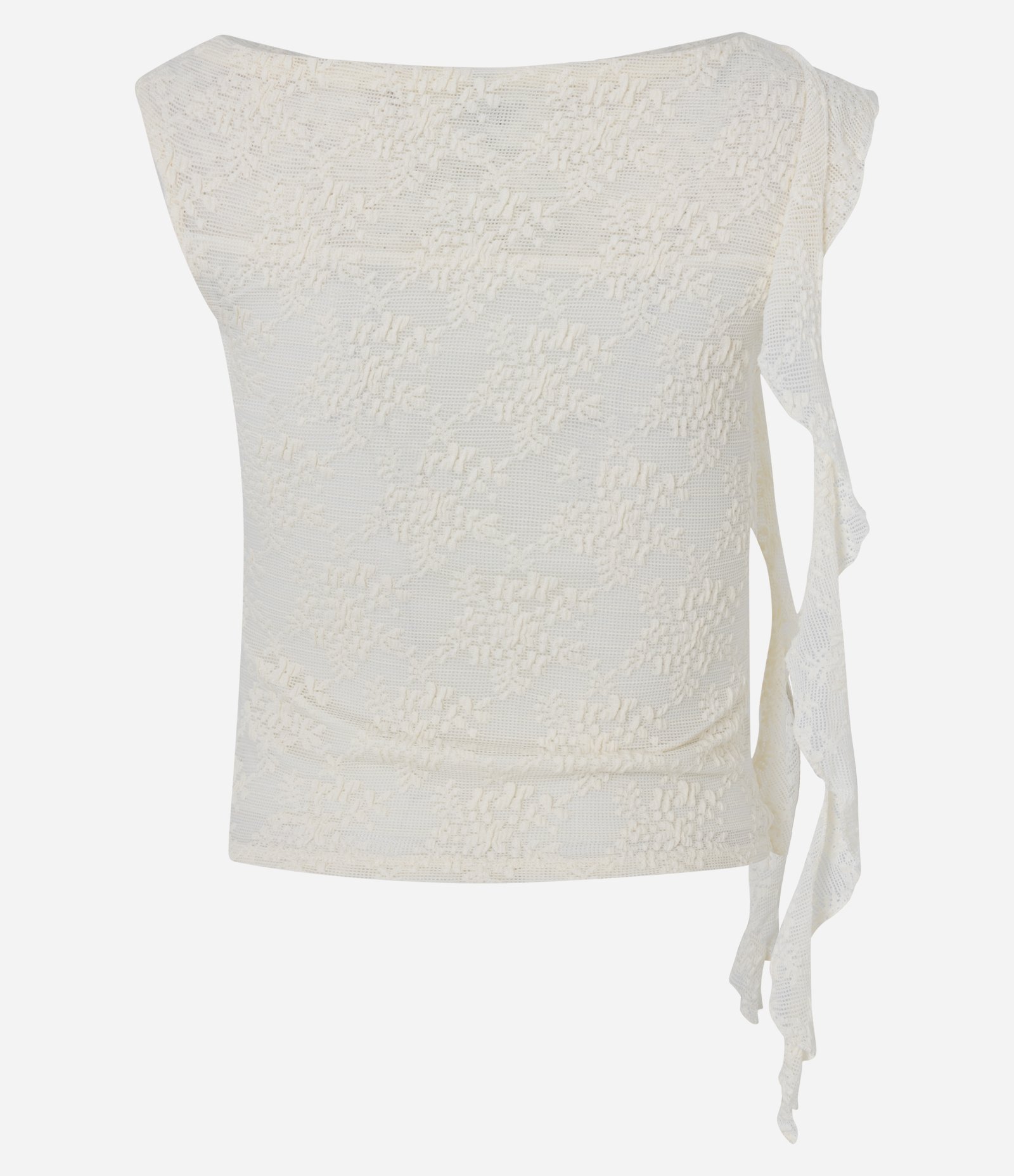 Blusa em Renda com Faixa Assimétrica e Gola Canoa Branco 7