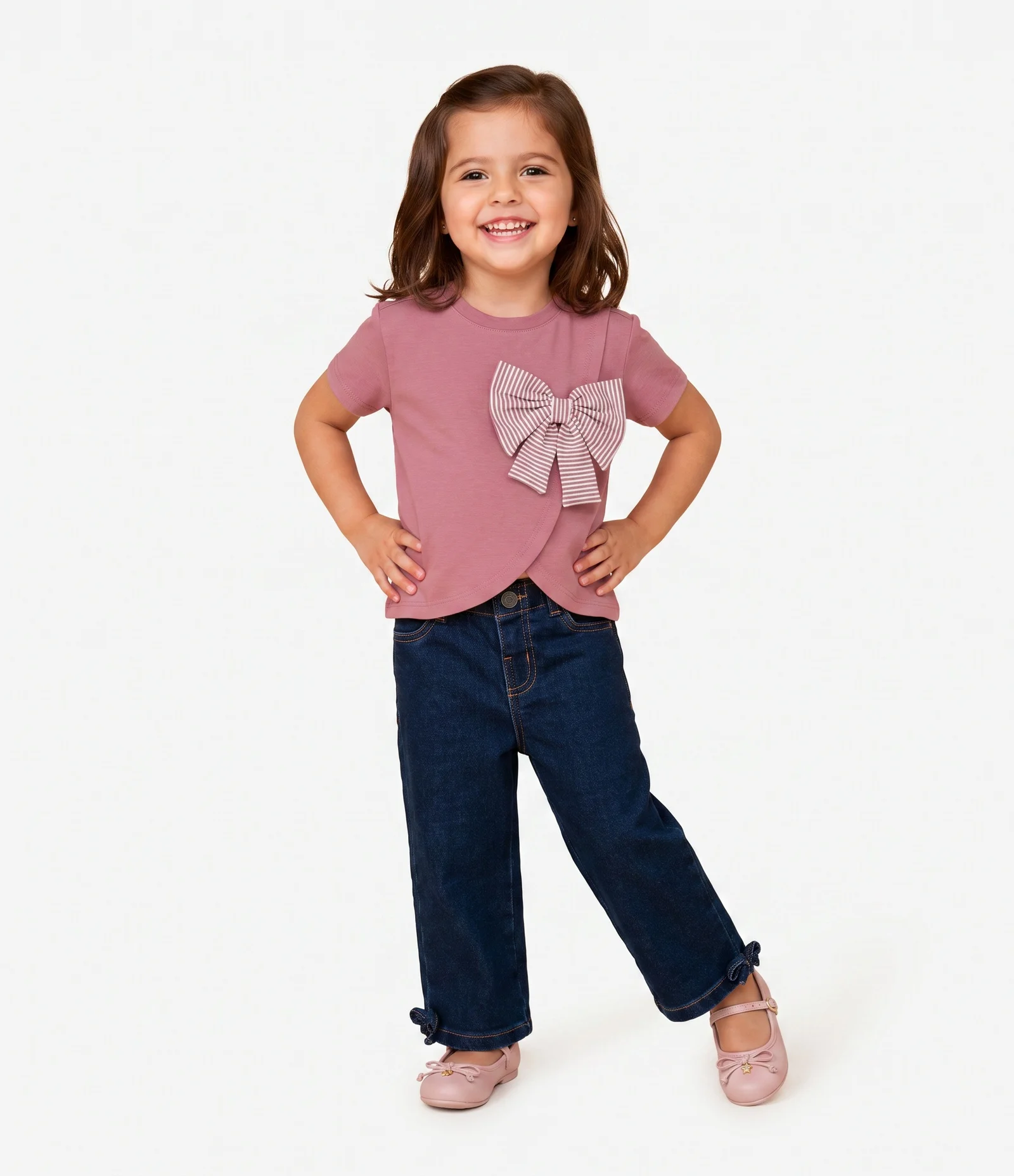 Camiseta Infantil Algodão Laço Listrado - Tam 1 a 5 Anos Rosa 1