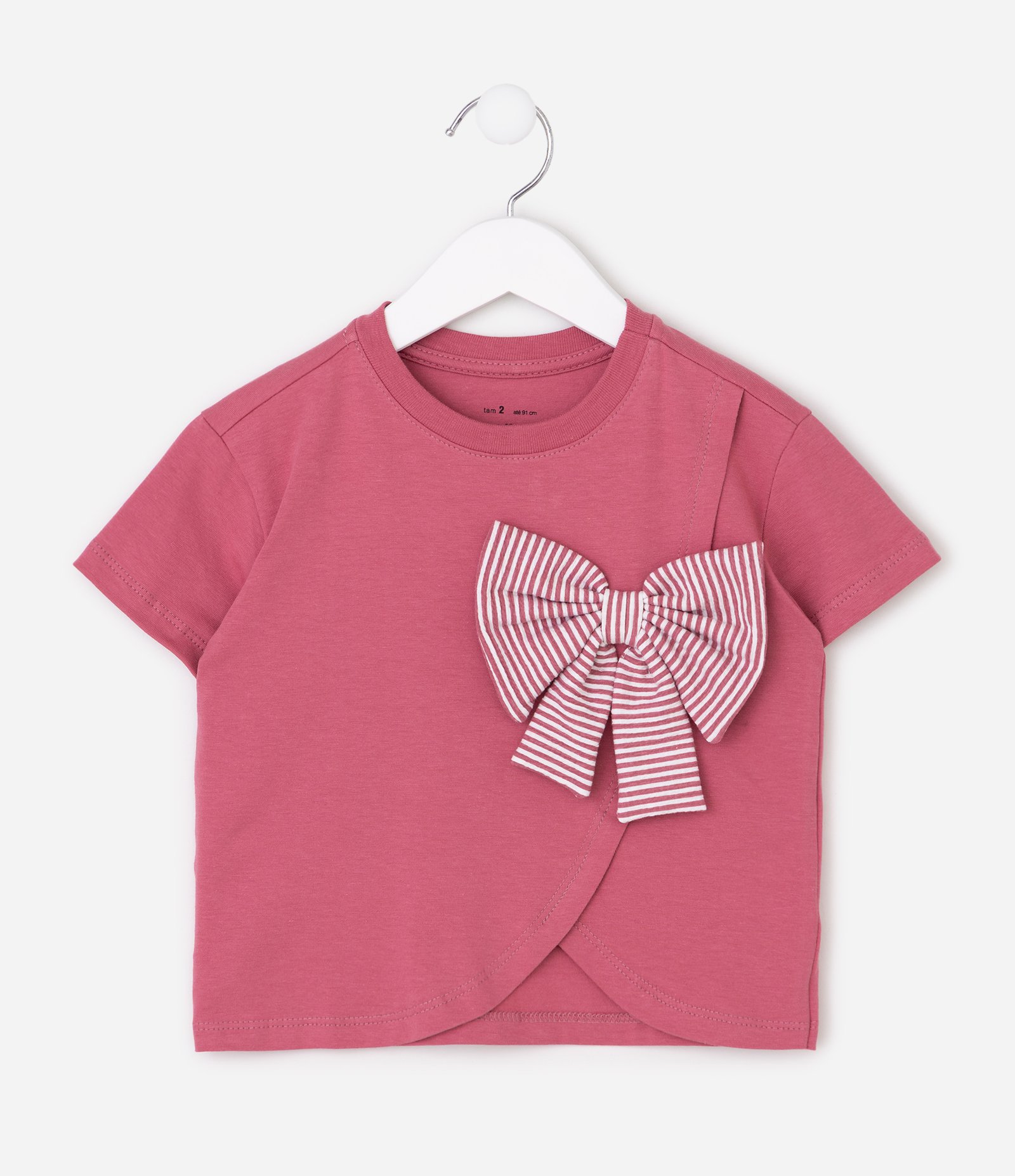 Camiseta Infantil Algodão Laço Listrado - Tam 1 a 5 Anos Rosa 2