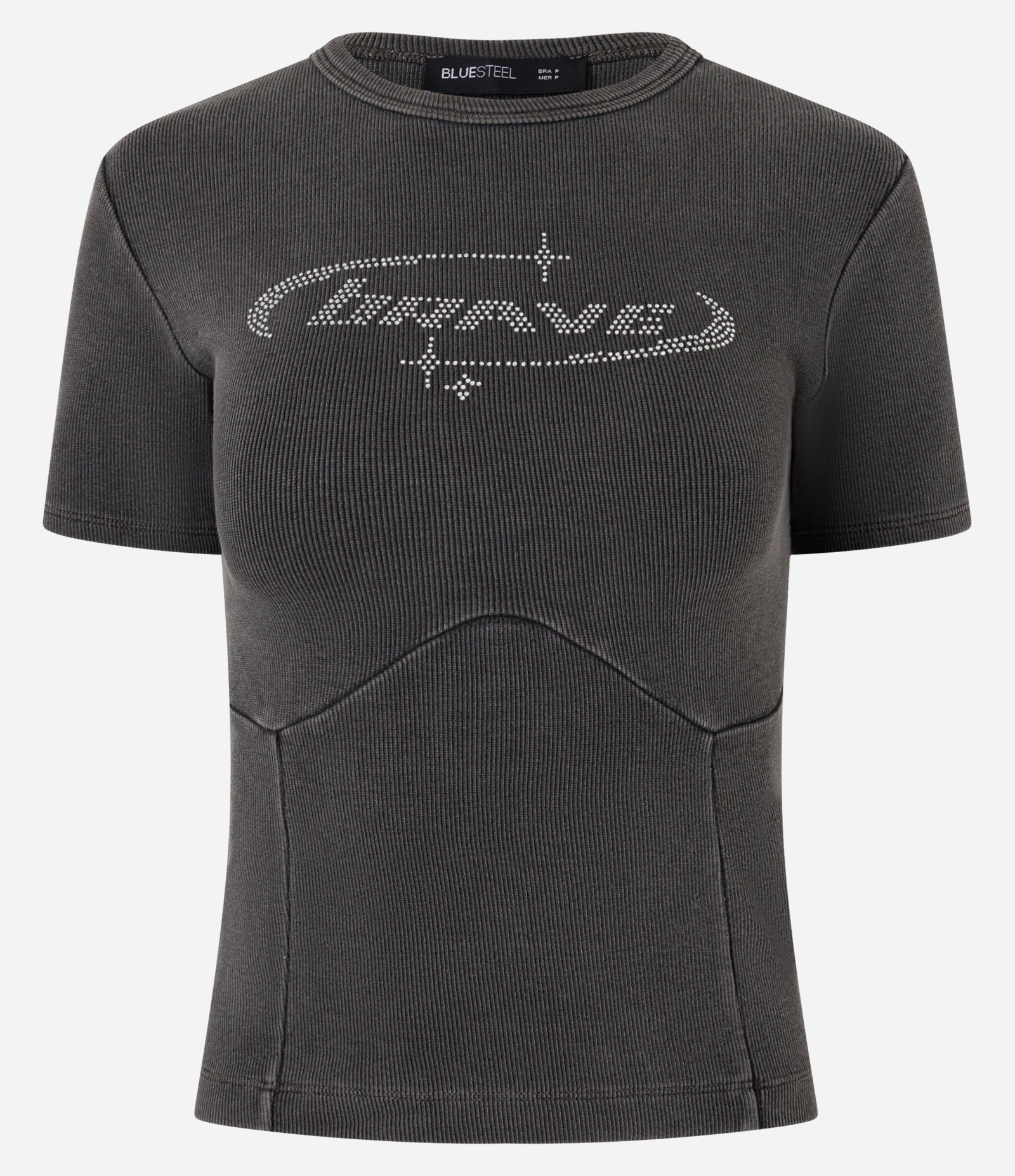 Camiseta Baby Tee com Recortes Corsetados e Lettering com Aplicação Cinza Escuro 5