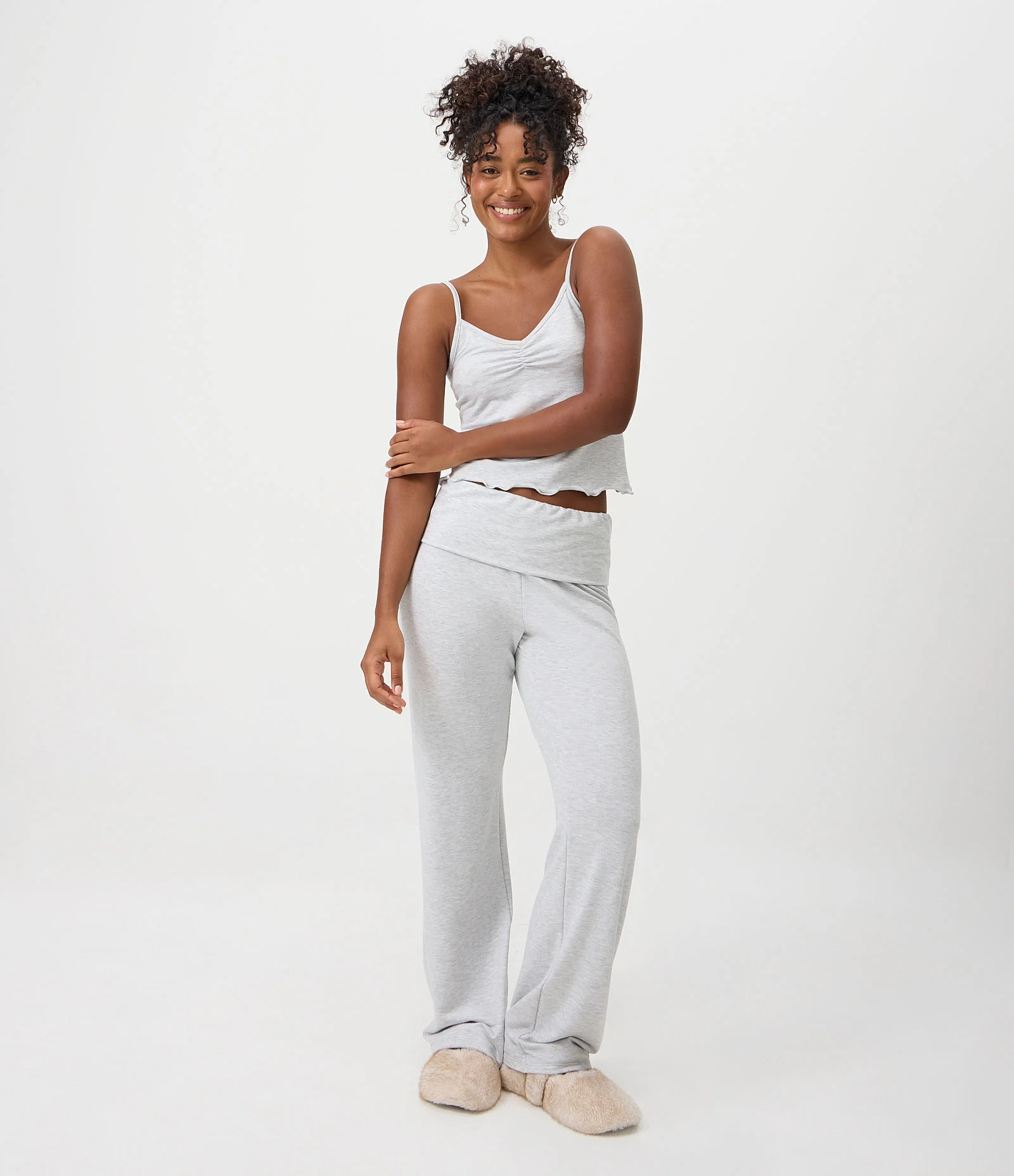 Calça de Pijama Longo em Viscolycra com Cós Virado Cinza 1