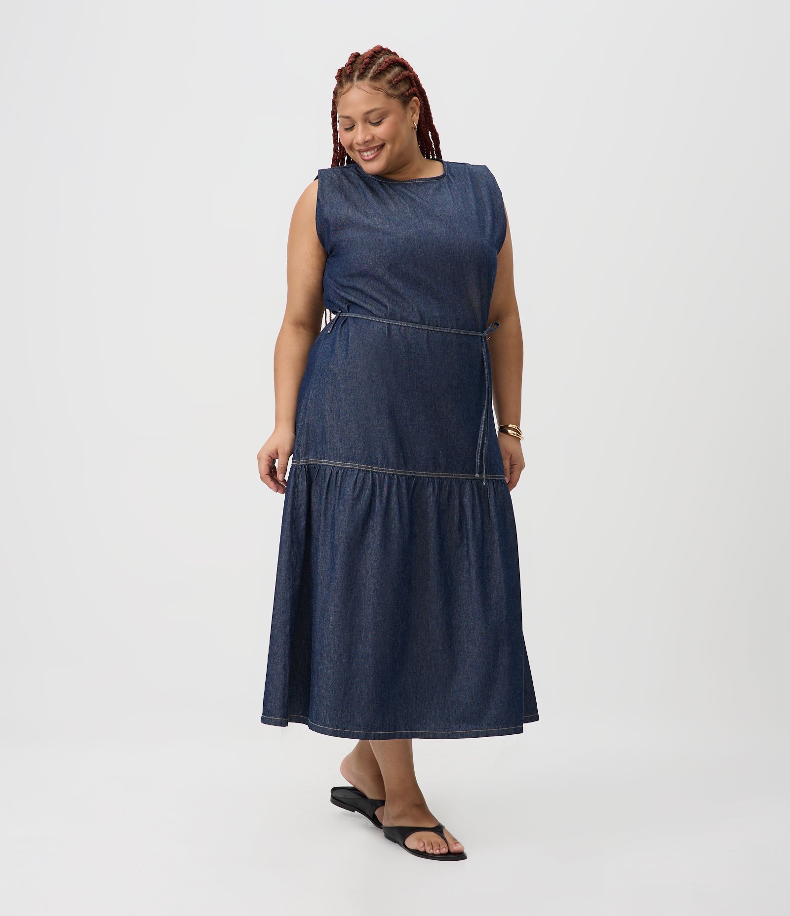 Vestido Midi em Jeans com Cordão Curve & Plus Size Azul 3