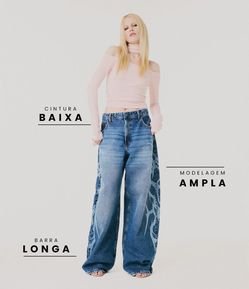 Calça Barrel Jeans com Estampa de Raios e Cintura Baixa