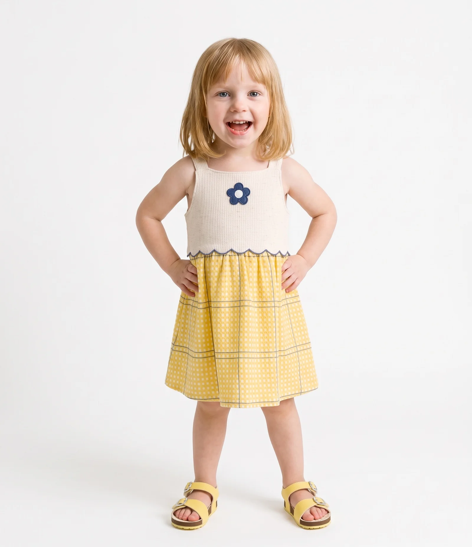 Vestido Infantil Xadrez com Bordado de Flor - Tam 1 a 6 Anos Amarelo 1