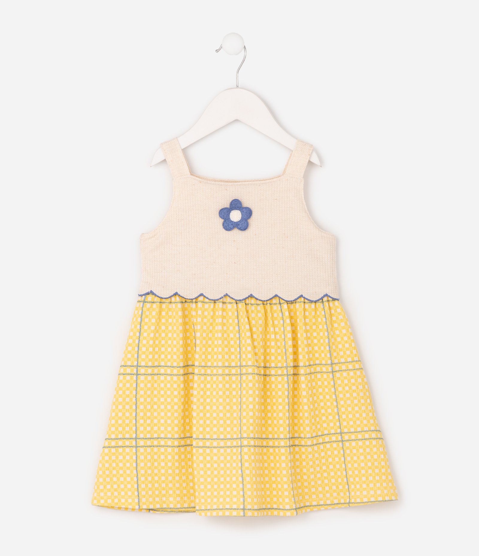 Vestido Infantil Xadrez com Bordado de Flor - Tam 1 a 6 Anos Amarelo 7