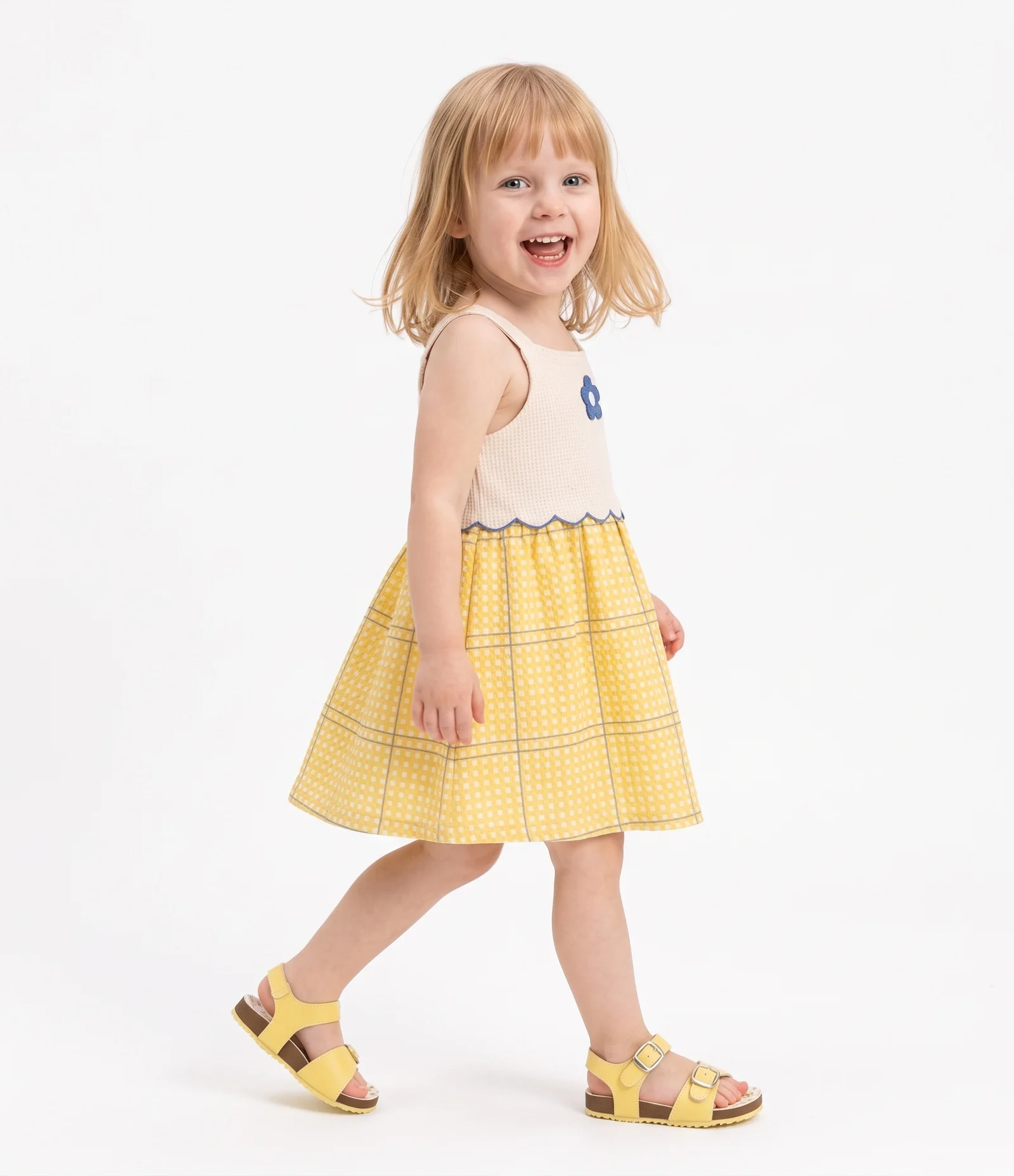 Vestido Infantil Xadrez com Bordado de Flor - Tam 1 a 6 Anos Amarelo 2