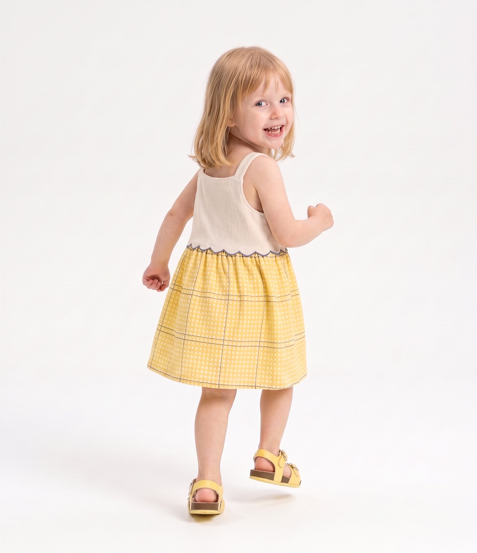 Vestido Infantil Xadrez com Bordado de Flor - Tam 1 a 6 Anos Amarelo 3