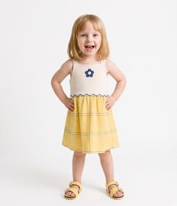 Vestido Infantil Xadrez com Bordado de Flor - Tam 1 a 6 Anos