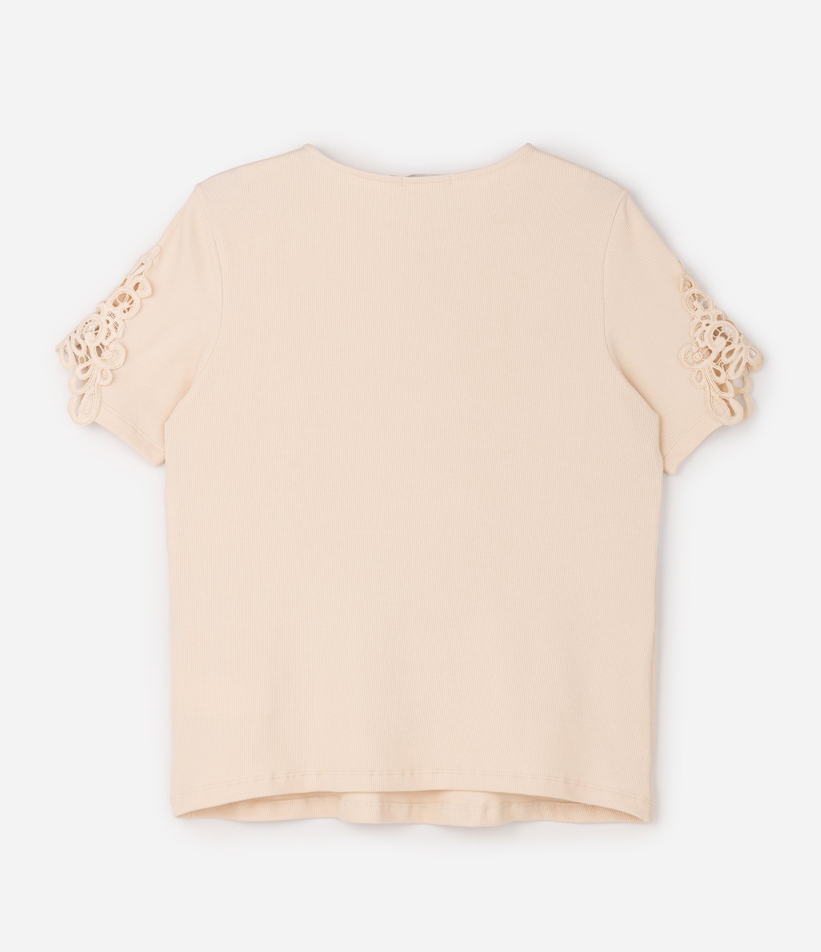 Blusa Ajustada em Ribana com Guipure nas Mangas Curve & Plus Size Bege 2