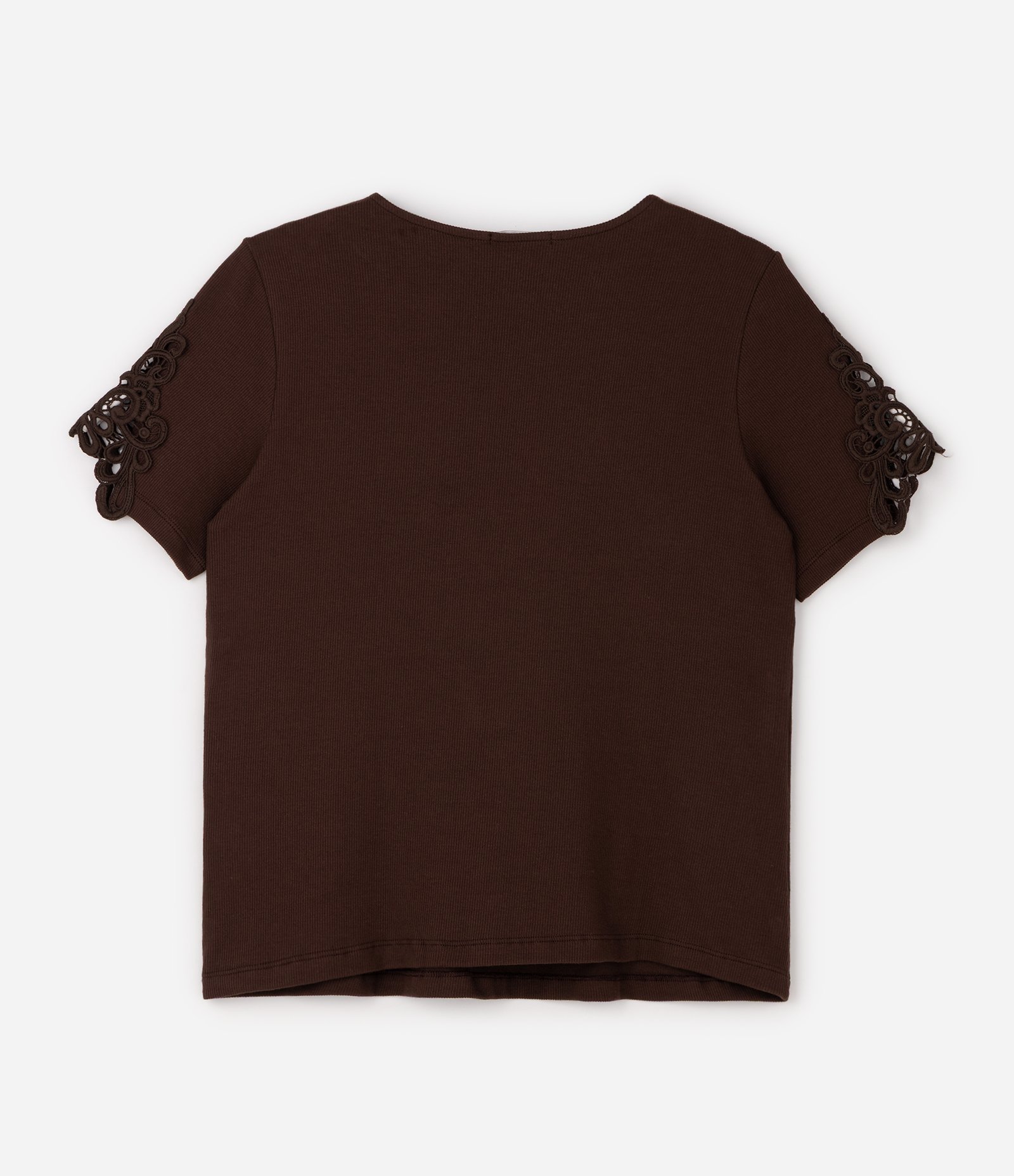 Blusa Ajustada em Ribana com Guipure nas Mangas Curve & Plus Size Marrom 2