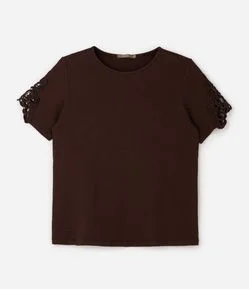 Blusa Ajustada em Ribana com Guipure nas Mangas Curve & Plus Size