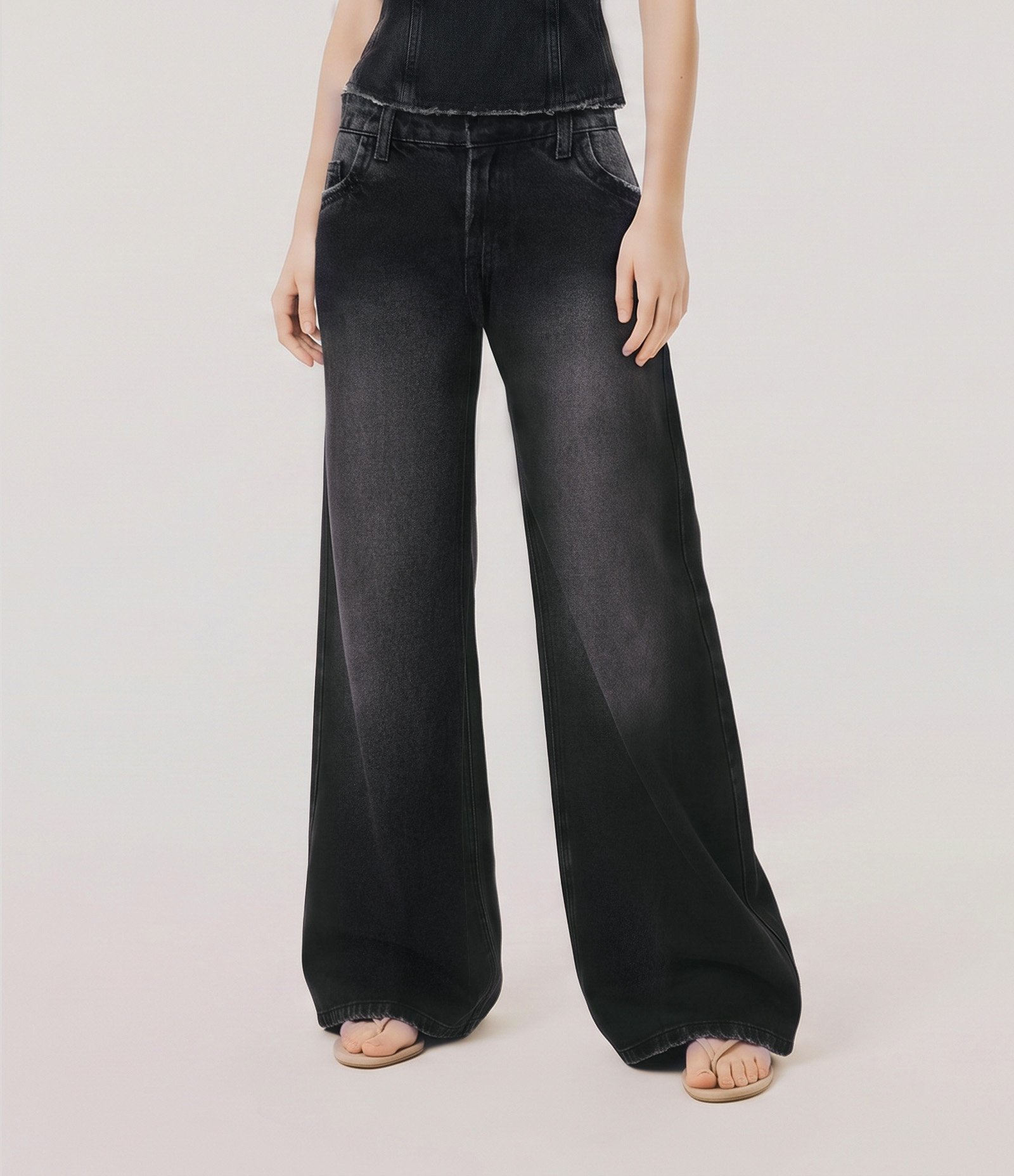 Calça Wide Flare em Jeans com Cintura Baixa Preto 3