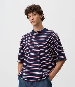 Camiseta Polo Boxy Listrada com Bordado