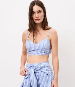 Blusa Cropped em Tricoline Listrada com Alças Finas