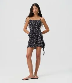 Vestido Curto Floral em Viscose com Babados Assimétricos