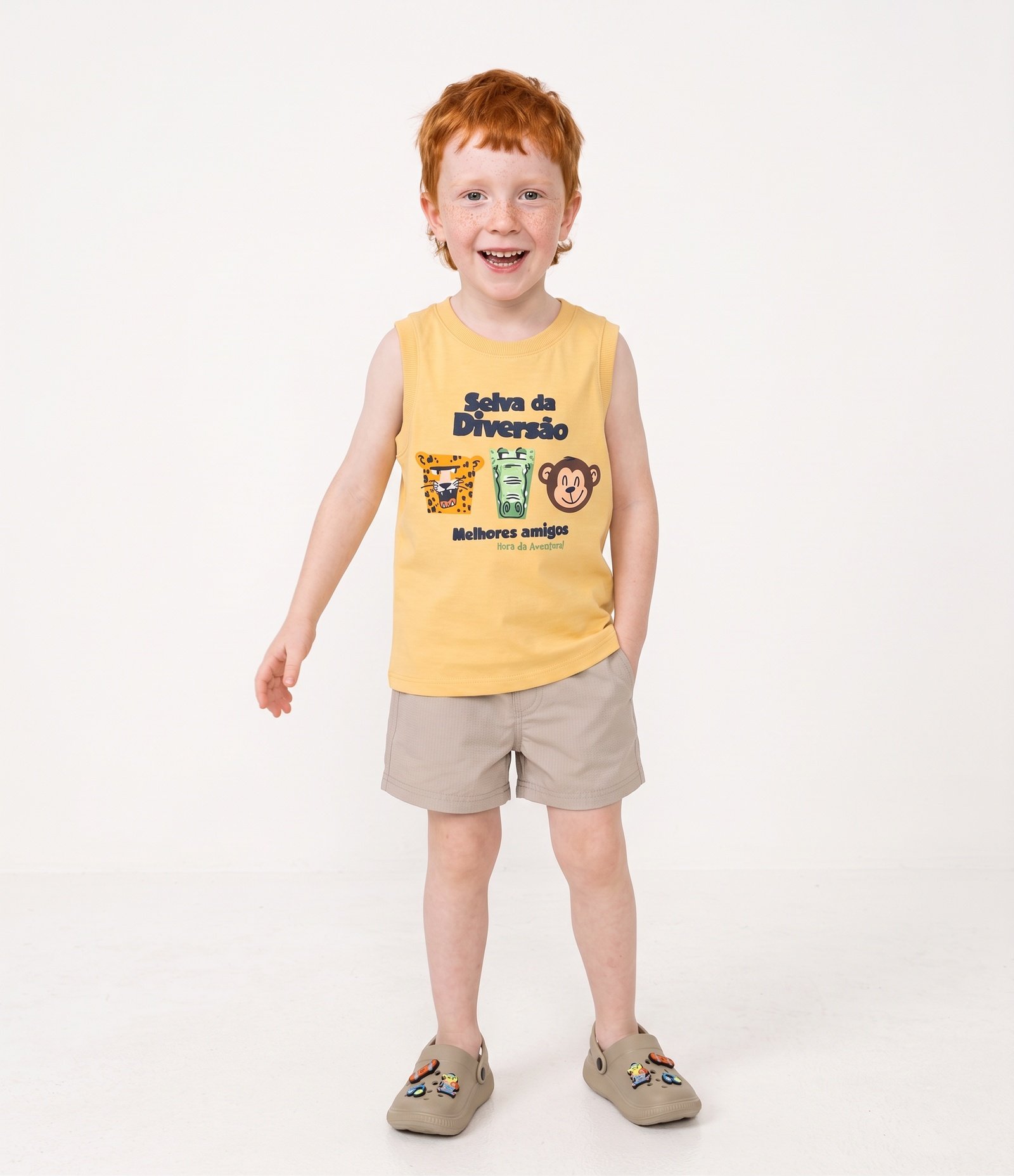 Camiseta Regata Infantil com Estampa Selva da Diversão - Tam 1 a 6 Anos Amarelo 1