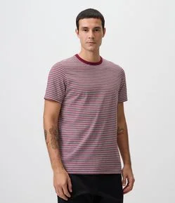 Camiseta em Algodão Peruano com Listras Horizontais e Gola Contrastante