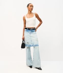 Calça Jeans Reta Ampla com Saia Sobreposta e Detalhes Destroyed