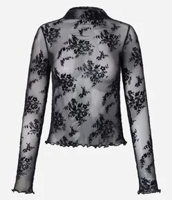 Blusa Segunda Pele em Tule Flocado com Ramos Florais e Gola Alta