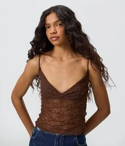 Blusa de Alcinha em Renda Texturizada com Decote Transpassado