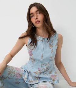 Blusa Peplum em Jeans com Estampa Floral