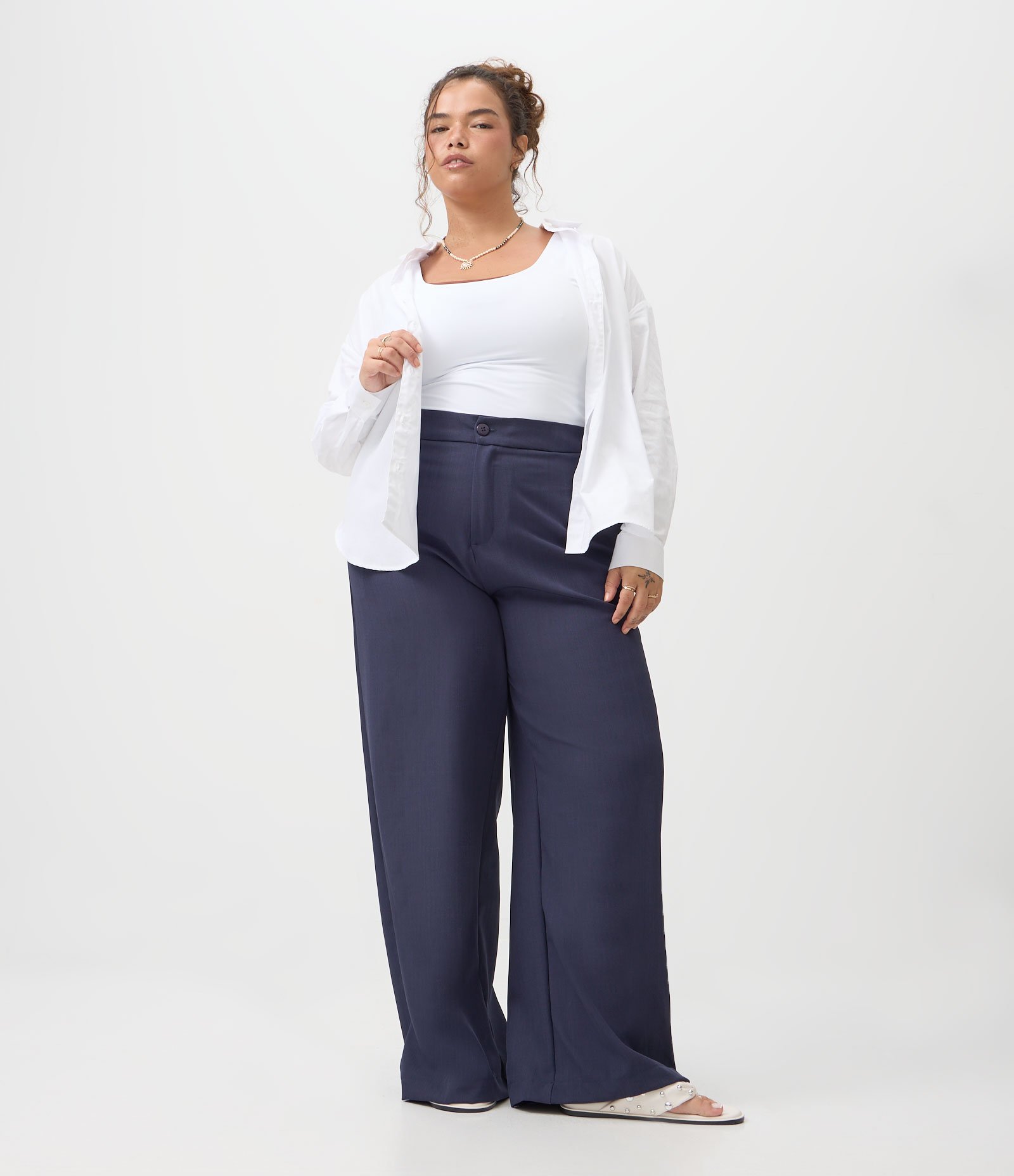 Calça Pantalona em Sarja Alfaiatada com Cós Ajustável Curve & Plus Size Azul 1