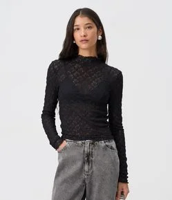 Blusa Segunda Pele em Renda Floral com Gola Alta