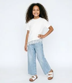 Camiseta Infantil Em Algodão Assimétrica Com Renda Na Barra - Tam 5 a 16 Anos
