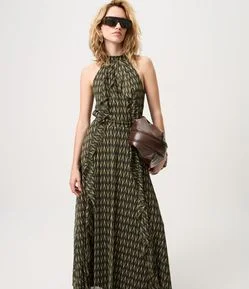 Vestido Longo em Tule com Estampa Geométrica e Babados