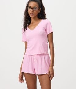 Pijama Short Doll em Ribana com Estampa e Lacinho