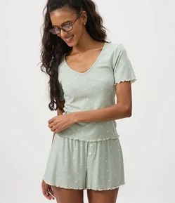 Pijama Curto em Ribana com Estampa de Corações