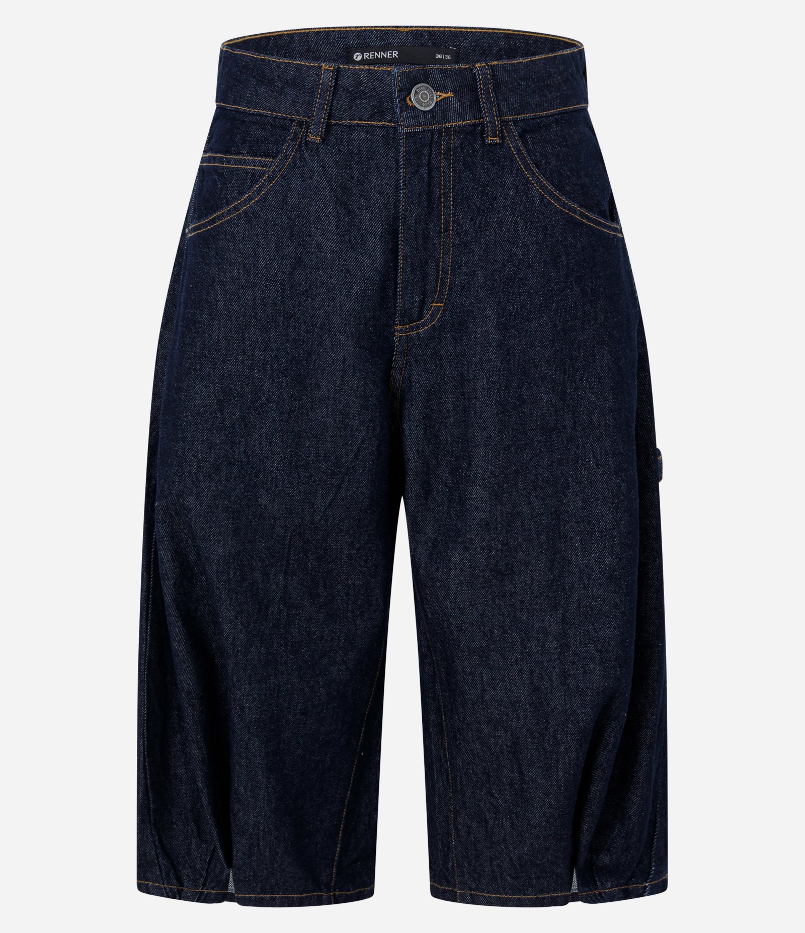 Short Jeans Barrel com Pregas e Modelagem Ampla Azul Escuro