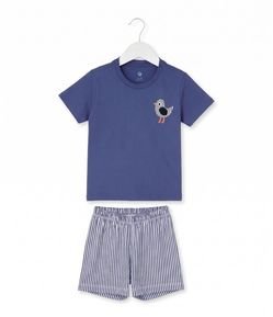 Pijama Infantil Listrado com Bordado de Passarinho e Short - Tam 1 a 4 Anos