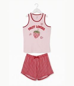 Pijama Infantil com Regata Estampa Morango e Short Xadrez - Tam 5 a 14 Anos