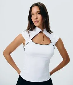 Blusa em Bengaline com Gola Mandarim e Recorte Contrastante