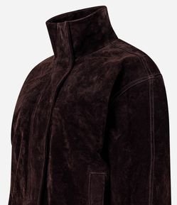 Jaqueta Oversized em Couro com Gola Alta e Barra Ajustada