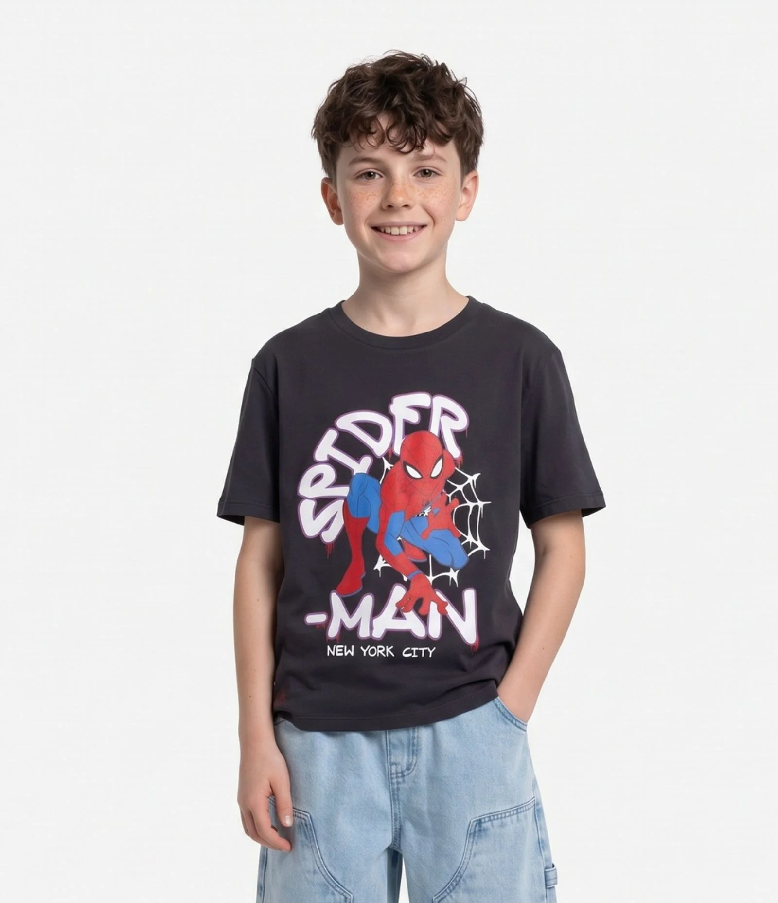 Camiseta Infantil Spider-Man com Lettering - Tam 4 a 12 Anos Cinza 1