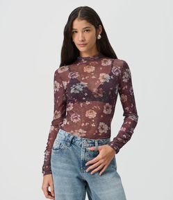 Blusa em Tule Floral com Transparência e Franzido nos Punhos
