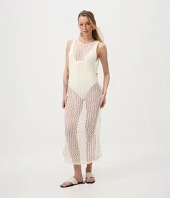 Saída de Praia Vestido em Crochê com Aberturas Laterais e Botões