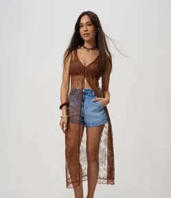 Saída de Praia Kimono em Renda Floral com Transparência
