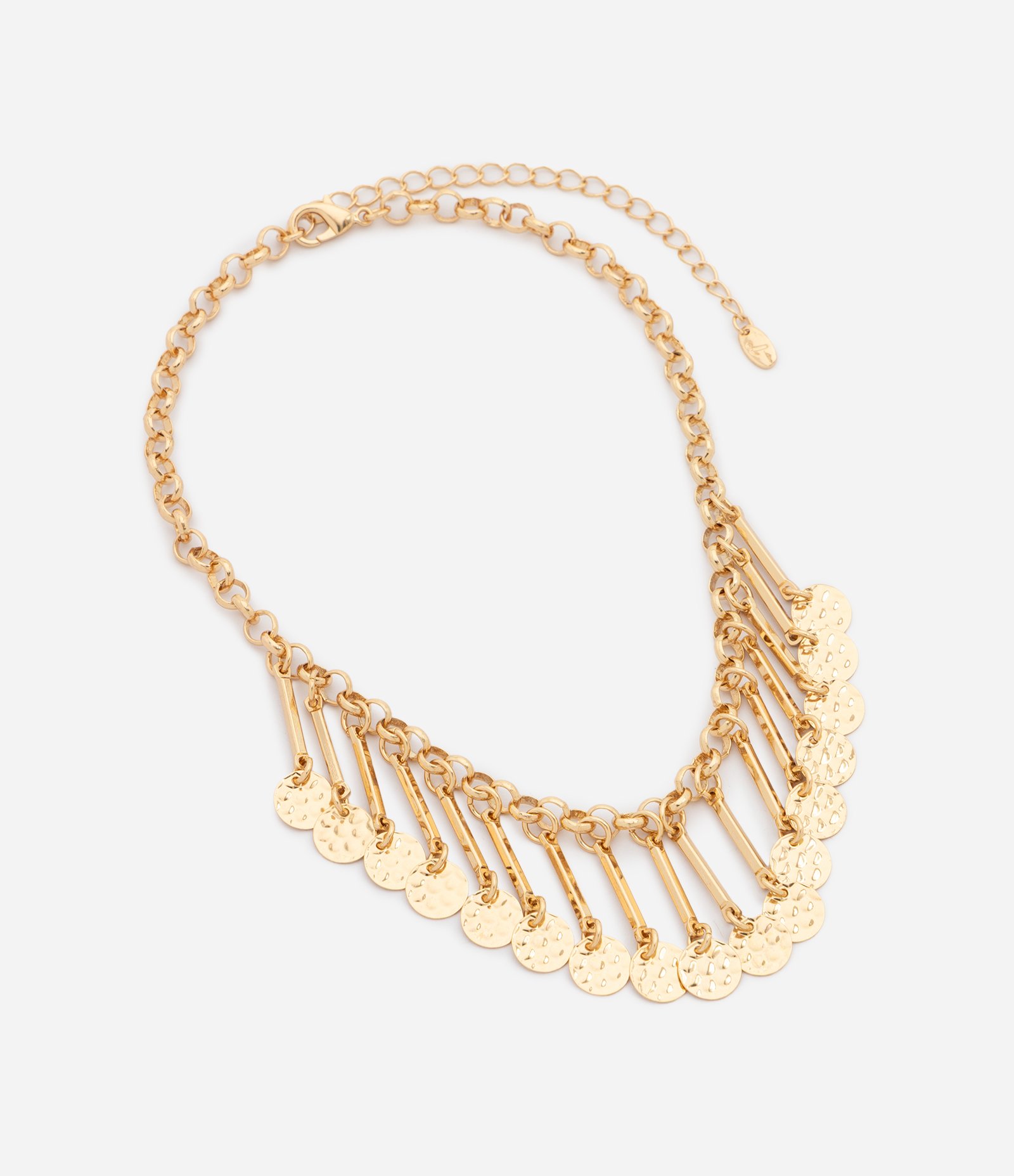 Colar Maxi em Metal com Placas Metálicas e Pingentes Martelados Dourado 3