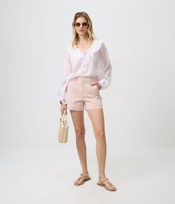 Short Regular em Sarja com Cintura Alta e Bolso Faca
