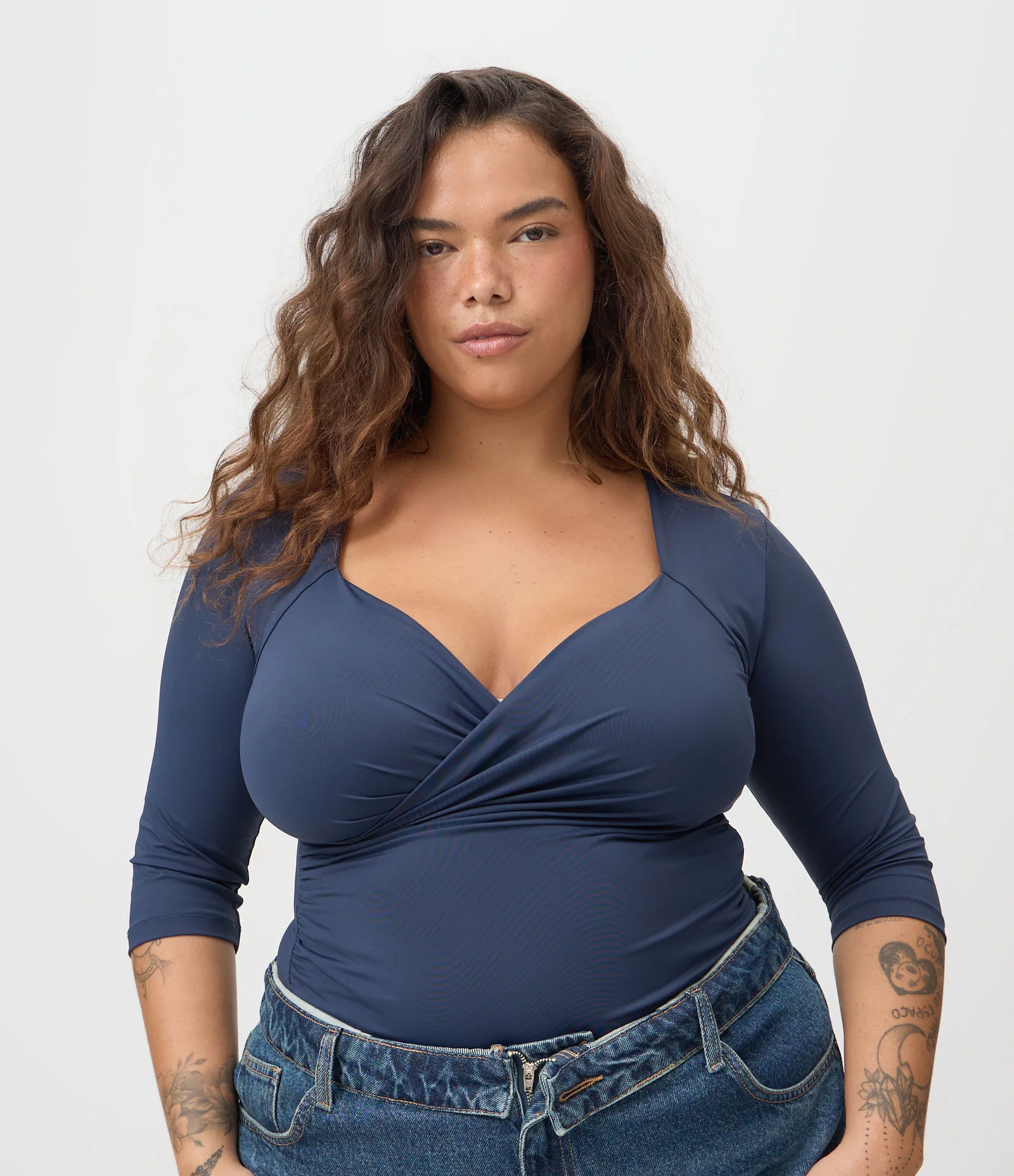 Blusa Ajustada em Poliamida com Decote Transpassado Curve & Plus Size Azul 1