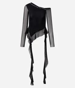 Blusa em Tule com Decote Assimétrico e Aplicação de Pedrarias