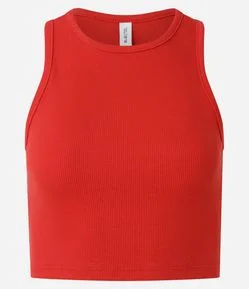 Regata Cropped Canelada Em Algodão com Gola Redonda