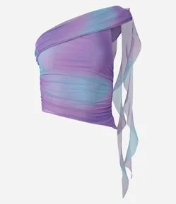 Blusa Ombro Único em Tule Estampado com Pontas Alongadas
