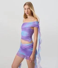 Blusa Ombro Único em Tule Estampado com Pontas Alongadas