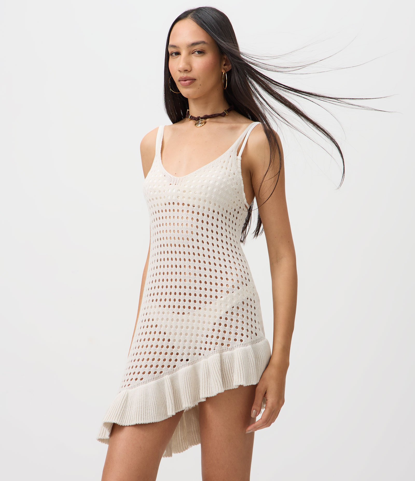 Saída de Praia Vestido em Tricô com Barra Assimétrica Off White 1